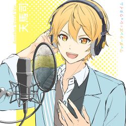 Rule 34 | 1boy, arm behind back, blue jacket, buttons, collared shirt, headphones, iwatnc, jacket, long sleeves, looking at viewer, male focus, microphone, open mouth, project sekai, shirt, smile, solo, studio microphone, tenma tsukasa, two-tone shirt, upper body, yellow background