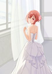 Rule 34 | 1girl, backless outfit, bare arms, bare shoulders, blush, dress, flower, from behind, hair flower, hair ornament, highres, looking at viewer, looking back, red eyes, red hair, sharuru sharu, short hair, smile, solo, wedding, wedding dress, white dress, yuuki yuuna, yuuki yuuna wa yuusha de aru, yuusha de aru