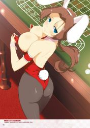 Rule 34 | 1girl, animal ears, ass, bare shoulders, blue eyes, blush, breasts, brown hair, cleavage, closed mouth, collarbone, detached collar, fake animal ears, hair tie, highres, hijikata (senran kagura), large breasts, leotard, long hair, looking at viewer, low ponytail, necktie, non-web source, official art, page number, pantyhose, parted bangs, playboy bunny, poker chip, poker table, rabbit ears, rabbit tail, red leotard, red necktie, senran kagura, senran kagura new wave, short necktie, sidelocks, smile, solo, strapless, strapless leotard, table, tail, tearing up, thighs, wrist cuffs, yaegashi nan