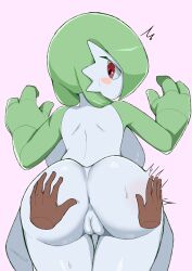 Rule 34 | 1girl, ^^^, against wall, ass, ass focus, ass grab, back, backboob, blush, blush stickers, bob cut, breasts, cleft of venus, closed mouth, colored skin, cowboy shot, creatures (company), disembodied hand, female focus, from behind, game freak, gardevoir, gen 3 pokemon, green hair, green skin, half-closed eyes, hands up, highres, kumori megane, large breasts, looking back, looking down, multicolored skin, nintendo, pink background, pokemon, pokemon (creature), pov, pussy, red eyes, shiny skin, short hair, simple background, solo focus, standing, sweat, two-tone skin, uncensored, white skin