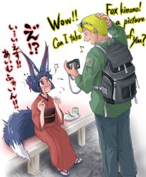 Rule 34 | &gt;:o, 1boy, 1girl, :o, absurdres, animal ears, backpack, bag, blonde hair, blue hair, blue pants, blush, camera, chopsticks, cup, doitsuken, embarrassed, english text, fang, fox ears, fox girl, fox tail, green jacket, hair ornament, hairpin, hand on own head, hands up, highres, holding, holding camera, jacket, japanese clothes, kimono, looking at another, open mouth, original, pants, pavement, plate, puffy sleeves, purple eyes, red kimono, simple background, sitting, slit pupils, standing, sweatdrop, tail, talking, translated, v-shaped eyebrows, white background, white legwear, yellow eyes