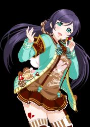 Rule 34 | 10s, 1girl, :d, black hair, brown skirt, cowboy shot, garter straps, green eyes, green jacket, hair ornament, hair scrunchie, happy valentine, headset, jacket, leaning forward, long hair, looking at viewer, love live!, love live! school idol festival, love live! school idol project, microphone, open mouth, pleated skirt, scrunchie, skirt, smile, solo, standing, striped clothes, striped thighhighs, suspender skirt, suspenders, thighhighs, tojo nozomi, transparent background, twintails, valentine, vertical-striped clothes, vertical-striped thighhighs