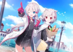 Rule 34 | 2girls, ;d, a.a (aa772), animal, animal ears, azur lane, bag, baguette, bird, black dress, black gloves, black jacket, blue eyes, blue sky, bread, closed mouth, cloud, commentary request, day, denver (azur lane), dress, food, gloves, grey hair, grocery bag, hair between eyes, hair ornament, hairclip, holding, jacket, lamp, low twintails, map, montpelier (azur lane), multiple girls, one eye closed, open clothes, open jacket, open mouth, outdoors, outstretched arm, paper bag, pointing, red eyes, red gloves, river, shopping bag, short sleeves, short twintails, sky, smile, sweat, twintails, v-shaped eyebrows, water, white jacket