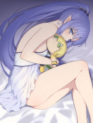 Rule 34 | 1girl, ass, bare legs, bare shoulders, blue eyes, blue hair, blush, breasts, dress, fate/grand order, fate (series), hair ornament, highres, large breasts, long hair, looking at viewer, medea (lily) (fate), pointy ears, ponytail, purple hair, solo, stuffed toy, very long hair, white dress