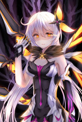 Rule 34 | 1girl, :3, antenna hair, asymmetrical gloves, bare shoulders, black gloves, breasts, cleavage, elbow gloves, evil smile, gloves, glowing, glowing eyes, hair ornament, highres, honkai (series), honkai impact 3rd, kiana kaslana, kiana kaslana (herrscher of the void), long hair, looking at viewer, shaded face, smile, solo, uneven gloves, v-shaped eyebrows, white gloves, white hair, wings, xiguaa mocha, yellow eyes