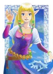 Rule 34 | 1girl, blonde hair, blue eyes, breasts, commentary request, dress, highres, lio (lune24), long hair, nintendo, pointy ears, princess zelda, smile, solo, the legend of zelda, the legend of zelda: skyward sword