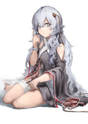 Rule 34 | 1girl, absurdres, bandaged leg, bandages, blood, blue eyes, blush, closed mouth, dress, girls&#039; frontline, highres, kuroa geha, long hair, looking at viewer, on floor, ribeyrolles (girls&#039; frontline), silver hair, sitting, solo, watch, white background