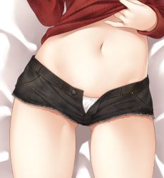Rule 34 | 10s, 1girl, alternate costume, black shorts, buttons, clothes lift, kantai collection, lifted by self, long sleeves, lower body, lying, navel, on back, open fly, panties, prinz eugen (kancolle), red sweater, ren san, ribbed sweater, short shorts, shorts, solo, stomach, sweater, sweater lift, thighs, unbuttoned, underwear, white panties