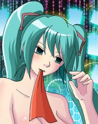Rule 34 | blue hair, hassysoda, hatsune miku, long hair, mouth hold, tagme, twintails, very long hair, vocaloid