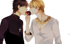 Rule 34 | 2boys, apple, bad id, bad pixiv id, blonde hair, brown eyes, brown hair, cross, cross necklace, fate/zero, fate (series), food, fruit, jewelry, kotomine kirei, male focus, multiple boys, necklace, realmang, red eyes, shared food