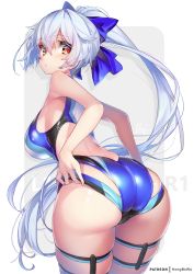 Rule 34 | 1girl, ass, back, blue bow, blue one-piece swimsuit, blush, bow, breasts, competition swimsuit, fate/grand order, fate (series), hair between eyes, hair bow, highleg, highleg swimsuit, hong (white spider), large breasts, long hair, looking at viewer, looking back, one-piece swimsuit, ponytail, red eyes, silver hair, simple background, swimsuit, thighs, tomoe gozen (fate), tomoe gozen (swimsuit saber) (fate), tomoe gozen (swimsuit saber) (first ascension) (fate), two-tone swimsuit, white background, white one-piece swimsuit