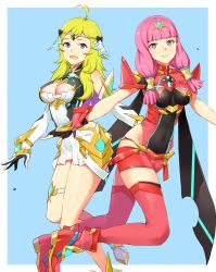 Rule 34 | 2girls, absurdres, ahoge, blonde hair, blunt bangs, breasts, circlet, commission, commissioner upload, cosplay, fire emblem, fire emblem fates, hair ornament, highres, huge filesize, igni tion, looking at viewer, medium breasts, mitama (fire emblem), multiple girls, mythra (xenoblade), mythra (xenoblade) (cosplay), nintendo, ophelia (fire emblem), pink hair, pyra (xenoblade), pyra (xenoblade) (cosplay), star-shaped pupils, star (symbol), symbol-shaped pupils, thigh strap, thighs, tiara, xenoblade chronicles (series), xenoblade chronicles 2
