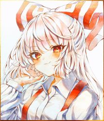 Rule 34 | 1girl, blush, bow, closed mouth, collared shirt, commentary request, fujiwara no mokou, hair bow, hand up, highres, long hair, long sleeves, looking at viewer, red bow, red eyes, shikishi, shirt, smile, solo, suspenders, touhou, traditional media, two-tone bow, upper body, waramori fuzuka, white bow, white hair, white shirt, wing collar