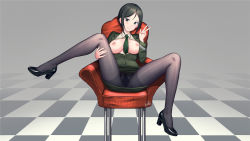 Rule 34 | 1girl, black hair, black pantyhose, blush, breasts, breasts out, chair, chouno ami, closed mouth, full body, girls und panzer, green eyes, green necktie, green skirt, high heels, highres, large breasts, looking at viewer, military, military uniform, miniskirt, necktie, nipples, no bra, no panties, on chair, open clothes, pantyhose, pussy, see-through, short hair, sitting, skirt, smile, solo, spread legs, uniform, v, xiaoxi0619