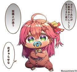 Rule 34 | 1girl, aged down, ahoge, artist name, baby, barefoot, bow, cat hair ornament, child, crossed arms, full body, green eyes, hair between eyes, hair ornament, harumina mau, highres, hololive, invisible floor, long hair, long sleeves, looking at viewer, pacifier, pink hair, pink sleeves, sakura miko, simple background, sitting, solo, speech bubble, toes, translation request, virtual youtuber, white background, x hair ornament, yellow bow