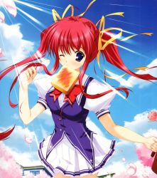Rule 34 | 1girl, asakura nanao, bag, bread slice, cherry blossoms, food, food in mouth, game cg, hair ribbon, long hair, lyrical ds, lyrical lyric, mikeou, mouth hold, non-web source, one eye closed, red hair, ribbon, school uniform, solo, toast, toast in mouth, twintails, wink