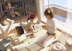 Rule 34 | 2girls, :d, ^ ^, ahoge, backpack, bag, balcony, baseball, black skirt, book, bookshelf, braid, brown eyes, brown hair, cat, closed eyes, comfy, comic, cup, curtains, earrings, food, friends, guitar, hair ornament, hair ribbon, hairclip, highres, homework, hot chocolate, indoors, instrument, jewelry, kneehighs, long sleeves, looking at another, lying, marmaladica, math, muffin, multiple girls, no shoes, on stomach, open mouth, original, pencil, pencil case, pillow, plate, pleated skirt, poster (object), ribbon, sandwich, school bag, short shorts, shorts, single braid, sitting, skirt, sleeping, sliding doors, smile, snow, snowflake print, snowflakes, snowing, socks, steam, sweater, teeth, thighhighs, third-party edit, trigonometry, two side up, unworn backpack, unworn bag, white legwear, white ribbon, window, zettai ryouiki