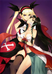 Rule 34 | 10s, 2girls, absurdres, arm grab, armlet, bare shoulders, black eyes, black hair, black legwear, blonde hair, bracelet, breasts, cleavage, crossbone, dress, earrings, elbow gloves, elf, female focus, gloves, hair ornament, hairband, hand on another&#039;s face, head tilt, heart, highres, hug, imminent kiss, japanese clothes, jewelry, kaguya (shining hearts), lolita hairband, long hair, looking at viewer, mistral nereis, multiple girls, naughty face, navel, pendant, pointy ears, purple eyes, ribbon, sega, shining (series), shining hearts, side slit, sitting, strapless, thighhighs, tony taka, twintails, very long hair, white gloves, yuri