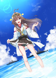 Rule 34 | 10s, 1girl, bare shoulders, battleship, black panties, blush, brown hair, cannon, clothes lift, destroyer, detached sleeves, double bun, hair bun, hair ornament, hairband, headgear, highres, japanese clothes, kantai collection, kongou (kancolle), light particles, long hair, mikan (chipstar182), military, military vehicle, nontraditional miko, ocean, open mouth, panties, pantyshot, personification, purple eyes, ship, skirt, smile, solo, turret, underwear, upskirt, wading, warship, water, watercraft