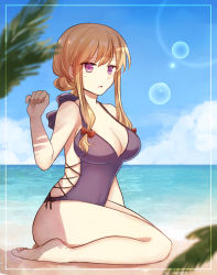 Rule 34 | 1girl, alternate costume, alternate hairstyle, arm at side, artist name, barefoot, beach, blonde hair, blue sky, blurry, blurry background, border, bow, breasts, cleavage, cloud, day, expressionless, from side, full body, hair bow, hair bun, hair up, hand up, highres, horizon, kneeling, koto (shiberia39), legs, looking past viewer, looking to the side, navel, ocean, one-piece swimsuit, open mouth, outdoors, outline, outside border, palm tree, purple eyes, purple one-piece swimsuit, purple pupils, sidelocks, single hair bun, sky, soles, solo, string tie, swimsuit, thighs, toes, touhou, tree, tree shade, white border, yakumo yukari