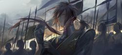 Rule 34 | 6+boys, adjusting clothes, adjusting gloves, army, black gloves, border0715, brown eyes, brown hair, chinese clothes, closed mouth, cloud, cloudy sky, collar, dressing, flag, floating hair, gloves, helmet, highres, jiang wei, long hair, looking at viewer, low ponytail, male focus, multiple boys, outdoors, rain, sangoku musou 1, serious, shin sangoku musou, sky, upper body, wind