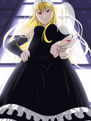 Rule 34 | 1girl, black dress, blonde hair, blood, breasts, bridal gauntlets, dress, elbow gloves, female focus, from below, gloves, hand on own hip, hime (kaibutsu oujo), hinoki (hinoki-buro), hip focus, kaibutsu oujo, long hair, red eyes, smile, solo, tiara, translated, window