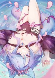Rule 34 | 1girl, absurdres, animal ears, barefoot, black kimono, black sleeves, blue eyes, blue hair, blue tail, breasts, cherry blossoms, cleavage, clothing cutout, detached sleeves, hand on own stomach, highres, hip vent, indie virtual youtuber, japanese clothes, kimono, large breasts, long hair, looking at viewer, looking up, mozzu123, multicolored hair, multicolored tail, nail polish, navel cutout, petals, pink hair, pink nails, pink tail, sidelocks, silvervale, silvervale (sakura goddess), smile, solo, streaked hair, swept bangs, tail, virtual youtuber, wolf ears, wolf girl, wolf tail