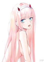 Rule 34 | 10s, 1girl, :p, breasts, darling in the franxx, emyo, green eyes, hairband, horns, long hair, medium breasts, nude, pink hair, solo, tongue, tongue out, upper body, zero two (darling in the franxx)