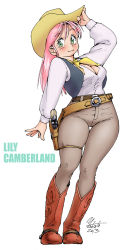 Rule 34 | 10s, 1girl, 2013, belt, boots, breasts, character name, cleavage, cowboy boots, cowboy hat, dated, denim, full body, green eyes, gun, handgun, hat, highres, holster, jeans, large breasts, lily camberland, long hair, original, pants, pink hair, pistol, revolver, shirt, skindentation, solo, standing, thigh gap, tight clothes, tight pants, vest, weapon, cowboy western, yabataso