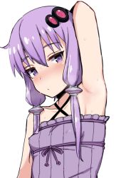 Rule 34 | 1girl, arm up, armpits, blush, dress, long hair, purple dress, purple eyes, purple hair, satou (su9arsatou), solo, sweat, voiceroid, white background, yuzuki yukari