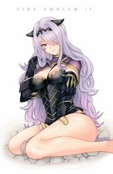 Rule 34 | 1girl, armor, between breasts, black armor, breasts, camilla (fire emblem), copyright name, fire emblem, fire emblem fates, gloves, hair over one eye, horn ornament, horns, long hair, nintendo, purple hair, shimizu akina, simple background, sitting, smile, solo, tiara, vambraces, wavy hair, white background