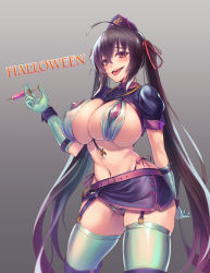 Rule 34 | 1girl, ahoge, azur lane, belt, bikini, black hair, blush, boots, breasts, cleavage, commentary request, cosplay, covered erect nipples, cowboy shot, crossed bangs, fate/grand order, fate (series), florence nightingale (fate), florence nightingale (trick or treatment) (fate), florence nightingale (trick or treatment) (fate) (cosplay), garter straps, gloves, green bikini, green gloves, green thighhighs, grey background, groin, hair between eyes, hair ribbon, halloween, hand up, hat, highleg, highleg bikini, holding, holding syringe, large breasts, layered bikini, long hair, looking at viewer, microskirt, miniskirt, navel, nurse, nurse cap, official alternate costume, open mouth, pink belt, purple belt, purple bikini, purple footwear, purple sleeves, red eyes, red ribbon, revealing clothes, ribbon, rubber gloves, ryo (sora-ryu), short sleeves, shrug (clothing), side-tie bikini bottom, sidelocks, simple background, skindentation, skirt, smile, solo, standing, stethoscope, stomach, swimsuit, syringe, taihou (azur lane), teeth, thigh boots, thighhighs, thighhighs under boots, tongue, tongue out, upper teeth only, very long hair, wrist cuffs, zettai ryouiki