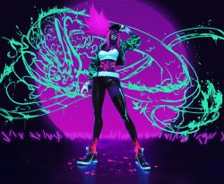 Rule 34 | 1girl, absurdres, akali, asymmetrical legwear, baseball cap, bodypaint, breasts, crop top, cropped jacket, dark, dragon, facial mark, gang g, glowing, hat, hat tip, high tops, highres, idol, inverted colors, k/da (league of legends), k/da akali, league of legends, long sleeves, looking at viewer, making-of available, midriff, navel, neon trim, official alternate costume, pants, pink hair, reflective floor, shoes, sneakers, solo, solo focus, spray can, standing, uneven legwear, yellow eyes