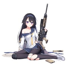 Rule 34 | 1girl, battle rifle, black gloves, black hair, black pantyhose, blush, breasts, damaged, eyebrows, fingerless gloves, full body, girls&#039; frontline, gloves, grey jacket, gun, hagi (ame hagi), hairband, holding, holding gun, holding weapon, jacket, knee pads, long hair, looking at viewer, magazine (weapon), off shoulder, official art, open clothes, open jacket, open mouth, pantyhose, personification, purple eyes, rifle, school uniform, scope, serafuku, sitting, small breasts, solo, strap, super sass, super sass (girls&#039; frontline), suppressor, torn clothes, torn legwear, transparent background, weapon