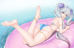 Rule 34 | 1girl, absurdres, ass, b grade, barefoot, blush, breasts, duel monster, from behind, full body, highres, inflatable raft, large breasts, leg up, long hair, looking at viewer, lying, marincess aqua argonaut, on stomach, shell hair ornament, smile, solo, swimsuit, twintails, very long hair, water, wet, white hair, yellow eyes, yu-gi-oh!