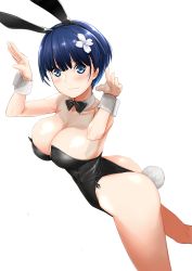 Rule 34 | 10s, 1girl, animal ears, ass, bare shoulders, blue eyes, blue hair, blush, breasts, cleavage, collarbone, commentary request, detached collar, fake animal ears, flower, hair flower, hair ornament, highres, large breasts, leotard, looking at viewer, playboy bunny, rabbit ears, rabbit tail, senran kagura, side-tie leotard, simple background, solo, strapless, strapless leotard, tail, wantsupanchi!!, white background, wrist cuffs, yozakura (senran kagura)