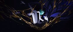 Rule 34 | 1other, amputee, arm up, black background, black footwear, blunt bangs, cracked skin, crystal hair, falling, floating hair, from side, gem uniform (houseki no kuni), hand up, highres, houseki no kuni, lapis lazuli (houseki no kuni), liquid, long hair, looking at viewer, looking to the side, meru02295238, other focus, outstretched arms, phosphophyllite, purple eyes, purple hair, severed head, severed limb, shards, shoes, short sleeves, shorts, solo focus, spoilers, straight hair, very long hair