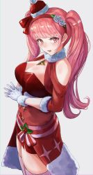 Rule 34 | 1girl, alternate costume, blush, breasts, christmas, cleavage, female focus, fire emblem, fire emblem: three houses, fire emblem heroes, fur-trimmed gloves, fur trim, gloves, hairband, highres, hilda valentine goneril, ippers, large breasts, long hair, looking at viewer, matching hair/eyes, nintendo, open mouth, pink eyes, pink hair, santa costume, simple background, solo, striped clothes, striped thighhighs, thighhighs, twintails, upper body, white gloves