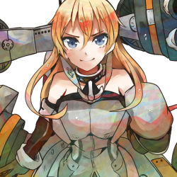 Rule 34 | &gt;:), 10s, 1girl, bad id, bad nicoseiga id, bare shoulders, bismarck (kancolle), blonde hair, blue eyes, breasts, cannon, detached sleeves, grey legwear, hat, unworn hat, unworn headwear, itomugi-kun, kantai collection, large breasts, long hair, military, military hat, military uniform, peaked cap, personification, solo, turret, uniform, v-shaped eyebrows