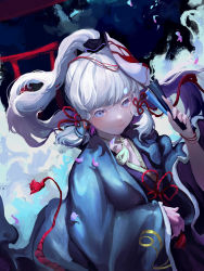 Rule 34 | 1girl, :3, absurdres, ayaka (genshin impact), blue eyes, blue kimono, closed mouth, furioso, genshin impact, hair ornament, hand fan, highres, holding, holding fan, japanese clothes, kimono, long hair, long sleeves, looking at viewer, mask, ponytail, solo, white hair