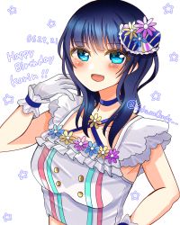 Rule 34 | 1girl, absurdres, artist name, artist request, asaka karin, back bow, bare shoulders, blue choker, blue eyes, blue hair, blush, bow, breasts, buttons, choker, cleavage, criss-cross halter, dark blue hair, dress, female focus, flower, flower dress, frilled dress, frills, gloves, hair flower, hair ornament, hair over shoulder, halterneck, highres, jewelry, looking at viewer, love live!, love live! nijigasaki high school idol club, love live! school idol festival, love u my friends, mole, mole on body, mole on breast, parted lips, plaid, plaid dress, playing with own hair, pleated, pleated dress, ribbon, short hair, small breasts, smile, solo, star (symbol), upper body, wavy hair, white background, white bow, white dress, white gloves, white wrist cuffs, wrist cuffs, wrist flower, yellow buttons, you and i (love live!)