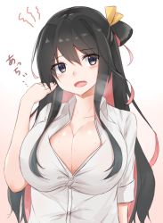 Rule 34 | 88942731ne, black hair, blouse, breasts, cleavage, collared shirt, fang, hair between eyes, kantai collection, large breasts, long hair, multicolored hair, naganami (kancolle), open clothes, pink hair, shirt, simple background, solo, two-tone hair, unbuttoned, unbuttoned shirt, white shirt