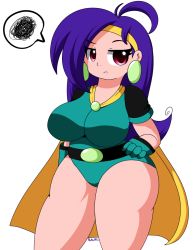 Rule 34 | 1girl, breasts, cape, cartoon network, earrings, gloves, green gloves, green leotard, hand on own hip, headband, jewelry, large breasts, leotard, long hair, looking at viewer, mighty magiswords, pink eyes, pokumii, purple hair, standing, transparent background, vambre warrior, yellow cape