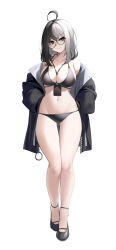 Rule 34 | 1girl, absurdres, ahoge, bare legs, bare shoulders, between breasts, bikini, black-framed eyewear, black bikini, black eyes, black footwear, black hair, black jacket, breasts, bright pupils, cleavage, closed mouth, commentary, dated commentary, english commentary, full body, glasses, gluteal fold, groin, halterneck, hands in pockets, highres, id card, jacket, large breasts, long hair, long sleeves, looking at viewer, multicolored hair, navel, nine (kanine41), o-ring, o-ring bikini, off shoulder, open clothes, open jacket, original, puffy sleeves, round eyewear, shoes, simple background, skindentation, smile, solo, split-color hair, standing, stomach, string bikini, swimsuit, thigh gap, thighs, two-tone hair, white background, white hair