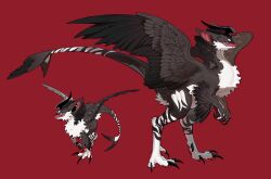 Rule 34 | animal focus, bird tail, bird wings, black horns, bul (moiko), claws, evolution, fang, feathered wings, full body, highres, horns, monster, no humans, original, pink eyes, raptor, red background, simple background, skin fang, slit pupils, tail, wings