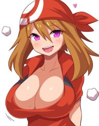 Rule 34 | 1girl, breasts, brown hair, cleavage, creatures (company), game freak, konno tohiro, large breasts, looking at viewer, may (pokemon), nintendo, open mouth, pokemon, pokemon rse, purple eyes, smile, solo, upper body