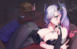 Rule 34 | 1girl, absurdres, black leotard, black pantyhose, blurry, blurry background, blush, boots, braid, breasts, bridal gauntlets, collar, cushion, demon, demon girl, demon horns, demon tail, detached collar, earrings, green eyes, halloween, heart, high ponytail, highres, hololive, hololive indonesia, horns, jewelry, large breasts, leotard, long hair, looking at viewer, lying, nail polish, on side, pantyhose, pavolia reine, pumpkin, rhea rks, seductive smile, side braid, smile, solo, stud earrings, tail, thigh boots, thigh gap, virtual youtuber