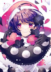 Rule 34 | 1girl, absurdres, black capelet, black flower, blue hair, capelet, doremy sweet, dress, falling petals, flower, hat, highres, looking at viewer, nightcap, petals, pom pom (clothes), red eyes, red flower, red hat, short hair, smile, solo, toraneko 2, touhou, upper body, white background, white dress