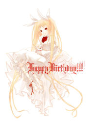 Rule 34 | 1girl, alternate costume, arc system works, blazblue, blonde hair, cake, collair (cono), cross-laced footwear, dress, flat chest, flower, food, fork, frilled dress, frills, hair ribbon, happy birthday, lace-up heels, long hair, rachel alucard, red eyes, red flower, red rose, ribbon, rose, sitting, solo, twintails, very long hair, white dress