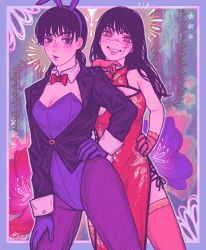 Rule 34 | 2girls, animal ears, bare shoulders, black hair, blue flower, blue gloves, blue leotard, blush, border, bow, bowtie, brown eyes, chainsaw man, china dress, chinese clothes, dress, fake animal ears, flower, gloves, hand on own hip, highres, leotard, lips, long hair, looking at viewer, mitaka asa, multiple girls, outside border, pantyhose, playboy bunny, pumpkingface, rabbit ears, rabbit tail, red bow, red bowtie, red dress, red eyes, red flower, red gloves, signature, smile, standing, tail, yoru (chainsaw man)